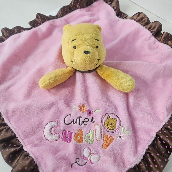 Disney Winnie The Pooh Lovey Rattle Pink Brown Satin Polka Security Blanket Cute - Picture 11 of 15